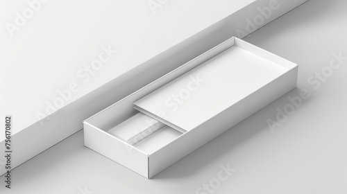 The Open Slide Box mockup features a realistic modern illustration set of a white blank carton package with a sleeve. The drawer-shaped pack can be used for gift or goods postage.