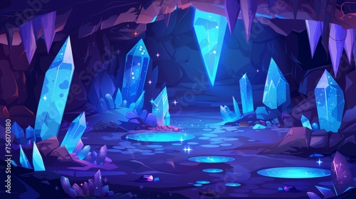 A dark cave containing blue crystals. Modern cartoon illustration of a dark underground mine filled with mineral stones and puddles of water. A treasure grotto with gold treasure, a jewelry mining photo