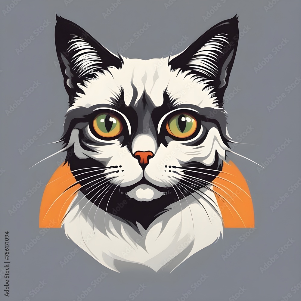 Artistic illustration of a cat's face with green eyes, detailed in black, white, and orange on a grey background. generative ai Artistic illustration of a cat's face with green eyes, detailed in black, white, and orange on a grey background. generative ai