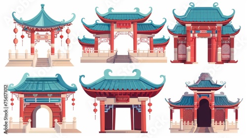 Asian pavilion antique entrance with classic decoration  a Chinese house or temple door with roof  stairs and lanterns. Cartoon modern illustration set with oriental building arch gate.