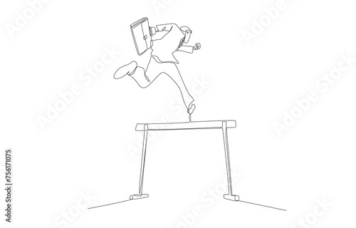 Continuous one line drawing of businessman jumping over hurdle from low angle view, overcome business obstacle concept, single line art.