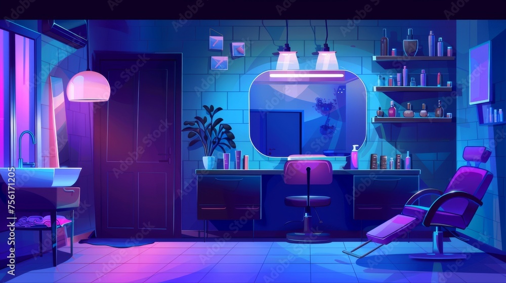 Dark beauty salon interior at night with lamps and hair cut and styling equipment. Cartoon room inside with armchair, mirror, sink and cosmetics. - obrazy, fototapety, plakaty 