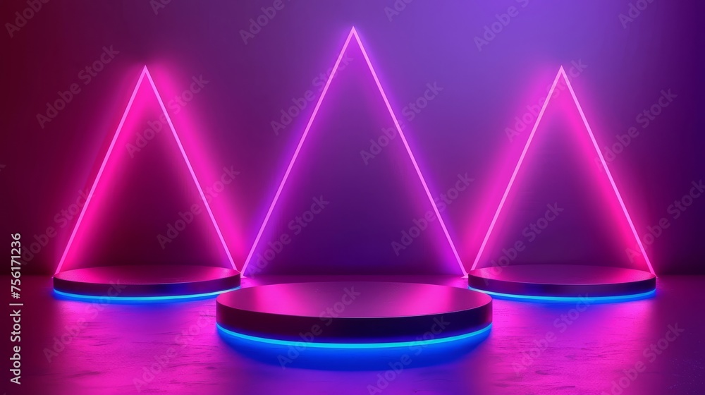 Abstract neon triangles on purple background. Modern realistic illustration of low and high cylinder platform mockups for product presentations, led light tubes decoration, showrooms. Abstract neon triangles on purple background. Modern realistic illustration of low and high cylinder platform mockups for product presentations, led light tubes decoration, showrooms.