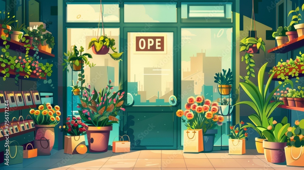 Modern cartoon illustration of a floral shop with large windows, an open sign on the door, potted flowers with green leaves, bags on a shelf and a cityscape.