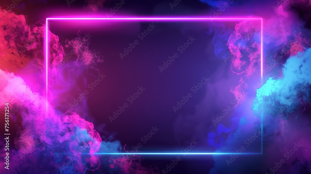 Luminous neon rectangle frame with smoke clouds. Magic fantasy glowing game portal door with bright light border and colorful steam. Decoration for a nightclub or casino.
