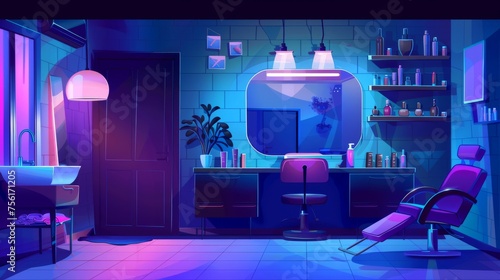 Dark beauty salon interior at night with lamps and hair cut and styling equipment. Cartoon room inside with armchair, mirror, sink and cosmetics. photo