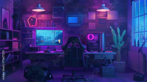 The interior is set up for game playing and streaming at night. There is a cartoon dark house with a gamer computer and headphones, a big TV on the wall and a gamepad on the console. There is a neon