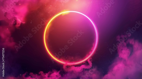 Modern illustration with light circle portal glowing in shimmering mist  game avatar  night club show design with pink and yellow smoke clouds.