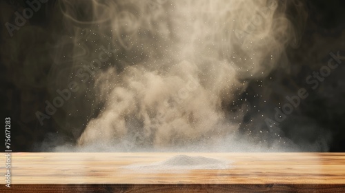 Modern realistic illustration of flour in the air above brown wood table at forefront  kitchen interior design element  empty shelf mock up with haze on black background.