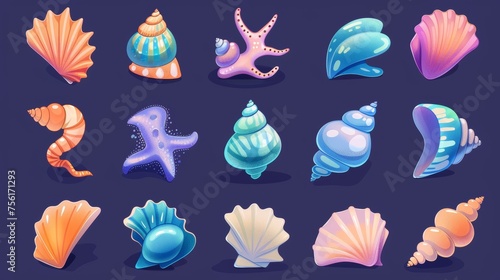 Cartoon modern illustration set of colorful marine underwater creatures with conch, horned clam, scallop, and shellfish.