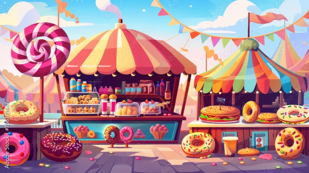 An outdoor festival tent stall at a street food market and cafe. Cartoon modern illustration set of a city park market with fast food and refreshments. Cartoon modern illustration of a street food An outdoor festival tent stall at a street food market and cafe. Cartoon modern illustration set of a city park market with fast food and refreshments. Cartoon modern illustration of a street food