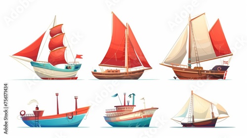 A collection of ships isolated on a white background. Modern illustration of a tourist cruise vessel, a vintage sailboat with red sails, and a sunken fishing boat.