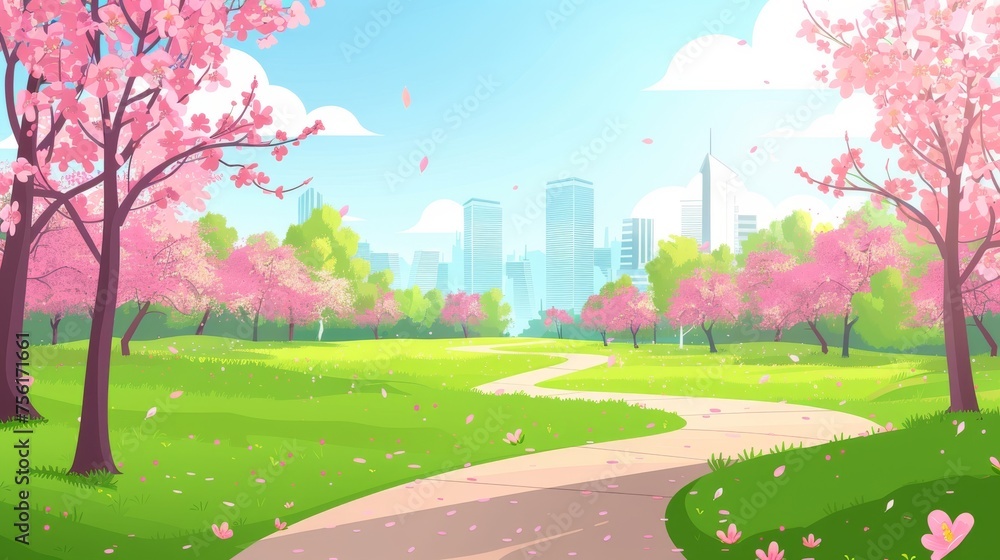 A city park with pink flowering trees in bloom and green grass. Cartoon modern spring season time urban landscape with a road in the garden. Sunny day park scene with a road on the horizon.
