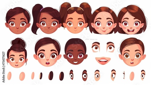 Creating a kid avatar with different emotions is easy with this tool for making little girl faces with eye and lip shapes and positions, eyebrows and hairstyles.