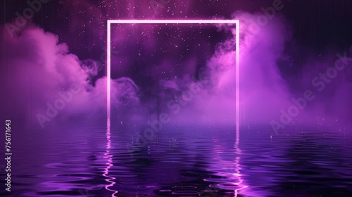 An illustration of a rectangular purple frame on a dark water background. The colors of neon are reflected on the surface of the liquid. Smoke particles are suspended in the atmosphere during the
