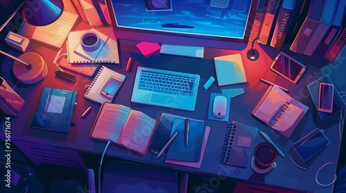 At night, a messy table with a computer and stationery on top, a magazine and mobile phone in the light of a lamp. A business or study desk in cartoon modern style.