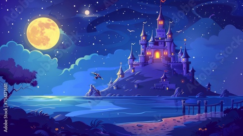 Cartoon illustration of a fairytale castle on a hill above a stormy night sea with towers, a wooden gate, a glowing moon, birds flying in a starry sky, and trees by the sea. © Mark