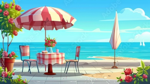 Summer outside cafe on a seaside terrace, with roses in vases, cakes on a table, chairs with plaid, umbrellas and plants. Cafe on a shorefront balcony. photo