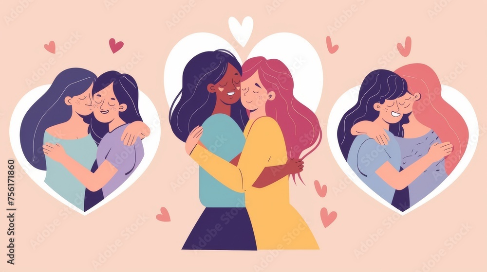 The concept of self care with woman hugging herself in the frame of a heart. Accepting yourself and loving yourself. A flat modern illustration set of young girls embrace themselves and it's about - obrazy, fototapety, plakaty 