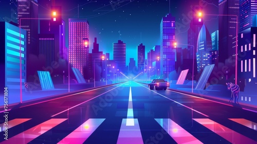 Night scene of neon glowing speed cars, sidewalks, cross-zebras on the road, traffic lights, city landscape with dark purple pedestrians, highway with vehicles driving in fast motion.