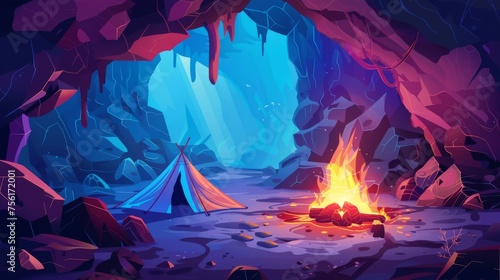 Virus cartoon illustration of fire in underground cave, smoke filling narrow mountain tunnel, tourist accommodation equipment on ground, adventure game. photo