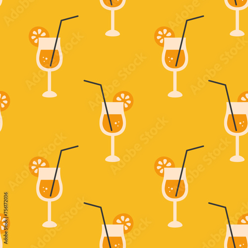 Orange cocktail drink seamless pattern. Repeat vector illustration of fresh fruit juice in glass with straw. Bright monochrome background for menu bar restaurant