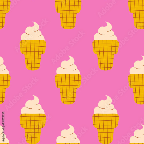 Ice cream vintage seamless pattern. Trendy vibrant colored hand drawn background with sweet dessert in retro style. Repeat vector illustration with textured waffle