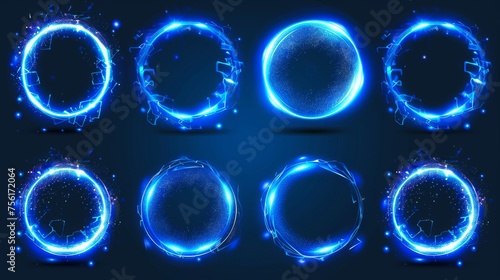 This modern illustration features a set of blue round frames with haze and shimmering particles, a magic power effect, and a space portal concept.