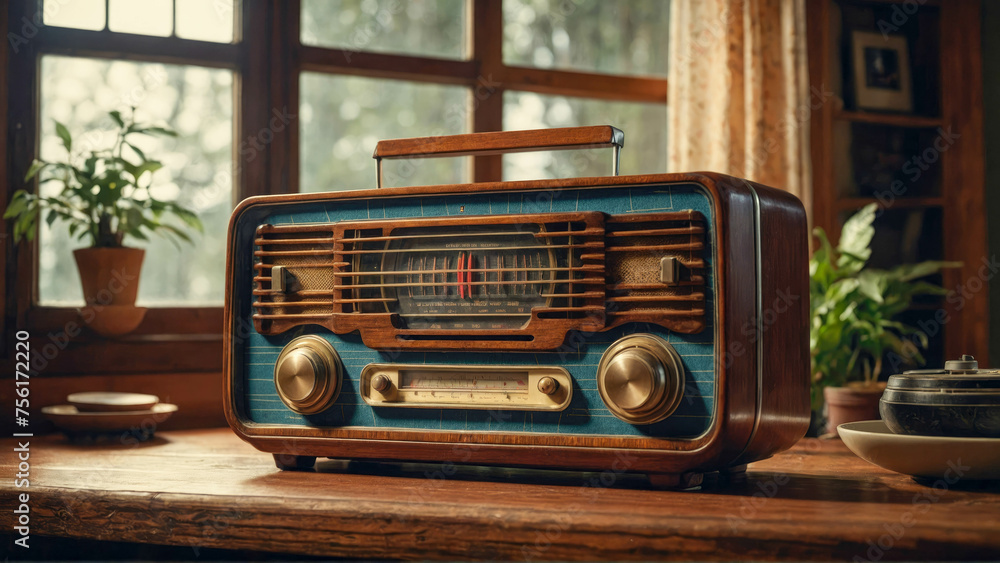 Vintage radio on a wooden table in a room with a window