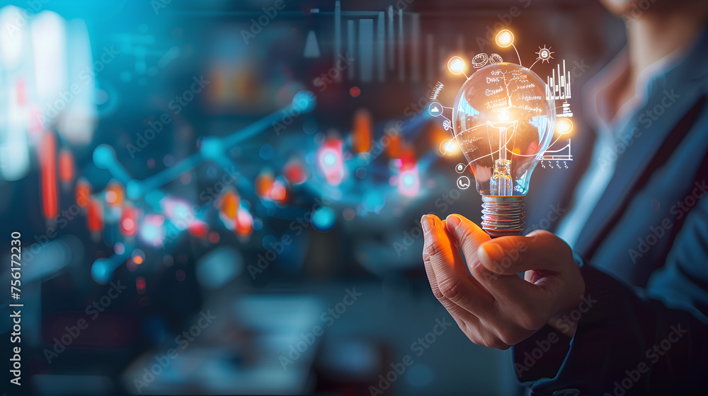 Businessman holding creative light bulb with growth graph, analytics icons. Utilizing analytics technology to develop new strategies and insights that enhance successful performance in global business Businessman holding creative light bulb with growth graph, analytics icons. Utilizing analytics technology to develop new strategies and insights that enhance successful performance in global business
