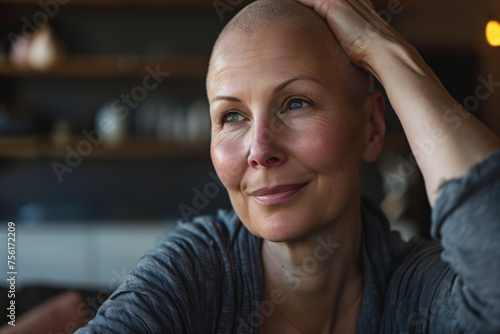 A woman suffering from cancer looks into the distance and dreams of recovery. Happy sick female patient fighting cancer thinking about remission. Healthcare concept. photo