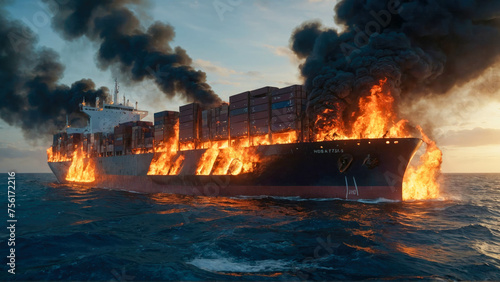 Cargo ship in the sea with big fire
