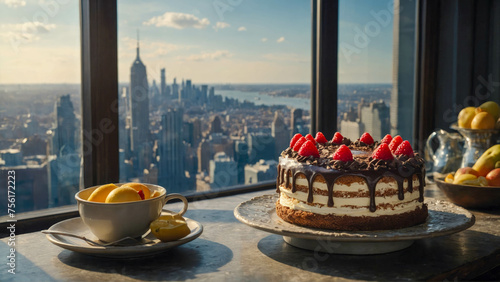 Chocolate cake with strawberries and lemon on the background of a big city