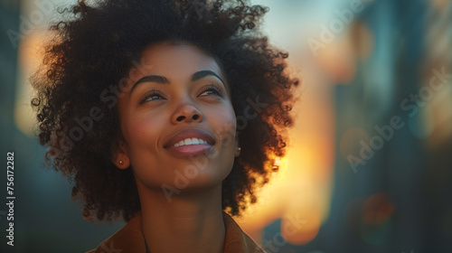 Happy, confident, rich and successful black businesswoman standing in a big city, on the street, in modern skyscrapers at sunset