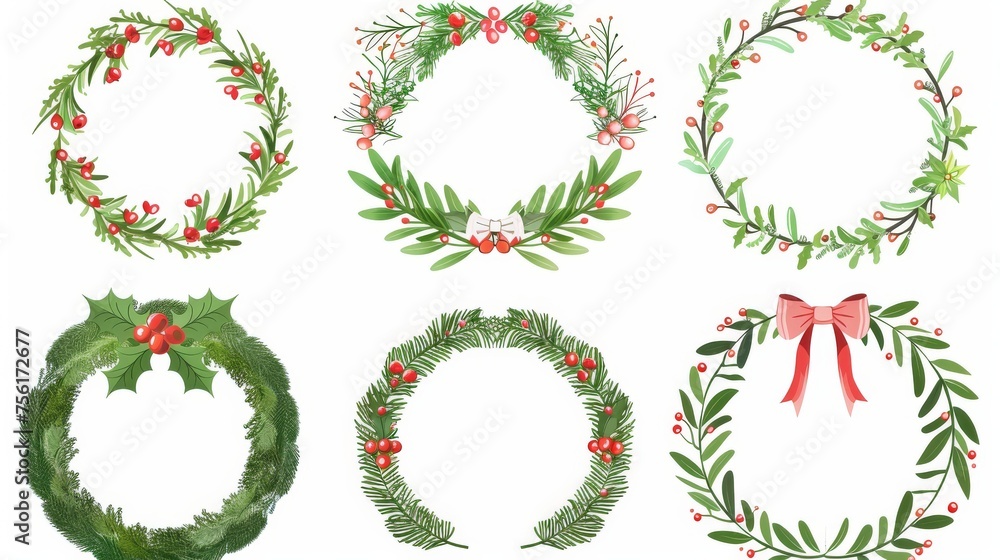 The illustration shows a natural round holiday garland that is made from green plant twigs with leaves, red berries, and ribbon bows. The illustration shows a natural round holiday garland that is made from green plant twigs with leaves, red berries, and ribbon bows.