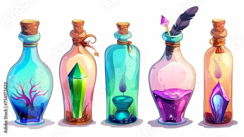 Animated modern game UI assets set of fantasy liquid wizard elixir in chemistry vials in colourful glass bottles with emeralds, canines and crow feathers for corks.