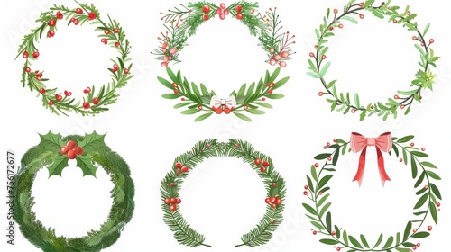 The illustration shows a natural round holiday garland that is made from green plant twigs with leaves, red berries, and ribbon bows.