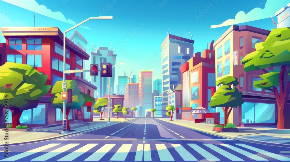 Animated modern illustration of a city street landscape with crossroads and a corner of a large building. Cartoon depiction of a cityscape with skyscrapers, asphalt highways, and traffic lights with