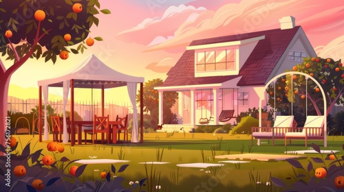 Backyard furniture on sunset or sunrise. Cartoon nighttime landscape of fruit trees, swing, lounge, wooden table, chairs, and doghouse with pink sky.