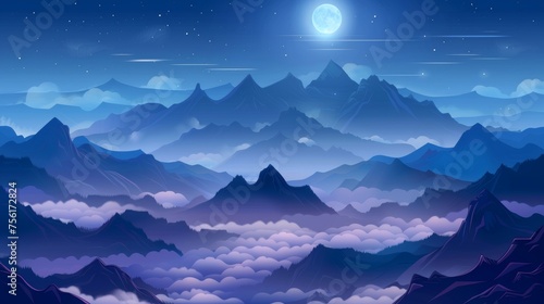 In the dark dusk landscape with stone hill peaks  haze and fog against a blue sky with a full moon  the top of a high rocky mountain appears above clouds. Modern illustration dark dusk landscape with