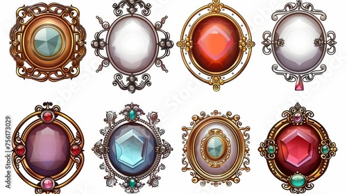 Game decorative frames with vintage florish ornaments and gem stones. Cartoon modern illustration set of metal and wood circle borders. Fantasy royal golden, silver and wooden badge with jewelry. photo