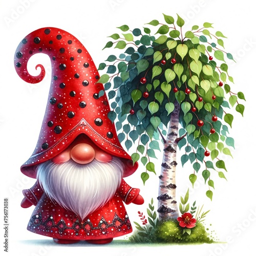 Garden gnome hiding behind tree. watercolor painting of a charming gnome wearing a pointed hat tree woods springtime in the style of John William Waterhouse magical ethereal sparse meticulous detai photo