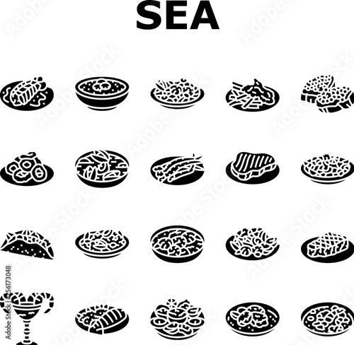 sea cuisine italian cook greece icons set vector. food seafood, chef sea, fish bbq, greek dish, salmon restaurant, frozen, culinary sea cuisine italian cook greece glyph pictogram Illustrations