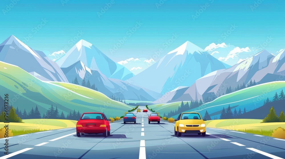 The road with mountains in the horizon is shown in a cartoon modern landscape. Three cars ride on the road near rocky hills.