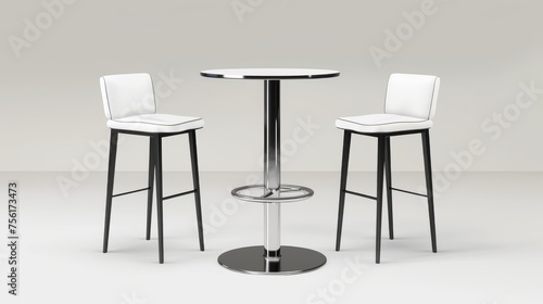 This is a realistic modern illustration of an empty booth display bar counter with stools made from white plastic tops and black legs. The furniture could represent a coffee shop or exhibition stand. photo