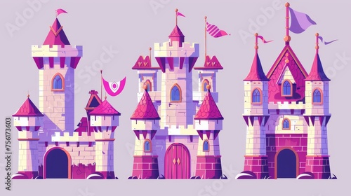 A fantasy fairytale ancient kingdom fortress palace or fortress with flag on tower, windows, and gate for children's books or games.