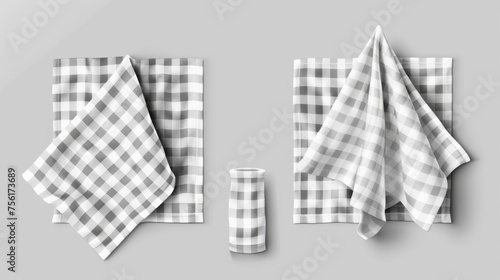 An empty and checked handkerchief mockup. A realistic modern illustration set of a cotton gingham linen napkin or kitchen towel. A fabric tablecloth template and serviette template made of photo