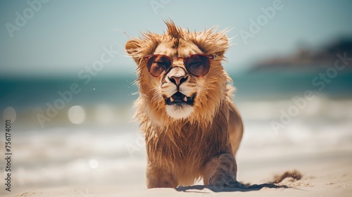Experience the intensity of an lion leaping onto the beach in a stunning close-up photo, Ai Generated.