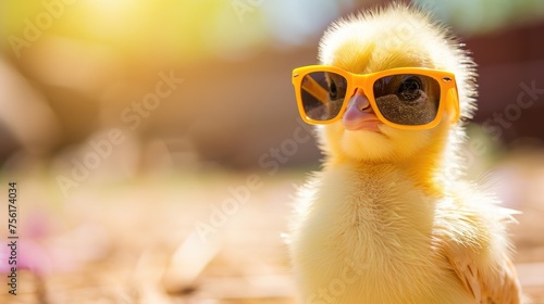 Cool vibes on the farm as a baby chick flaunts sunglasses, adding a dash of charm to its outdoor adventure, Ai Generated.