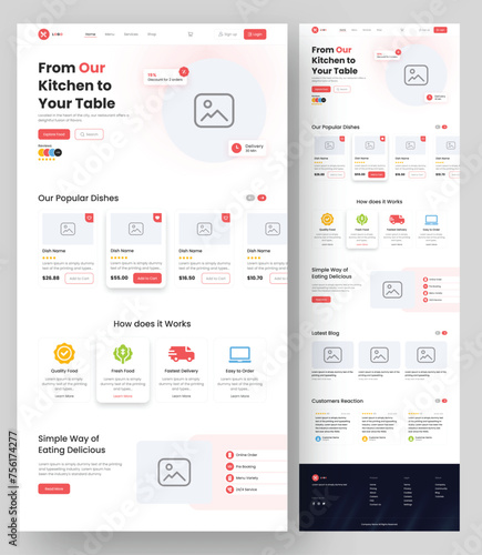 EPS Landing page wireframe design for Restaurant. Restaurant website layout template. Modern responsive design. Maintained layers and editable Text